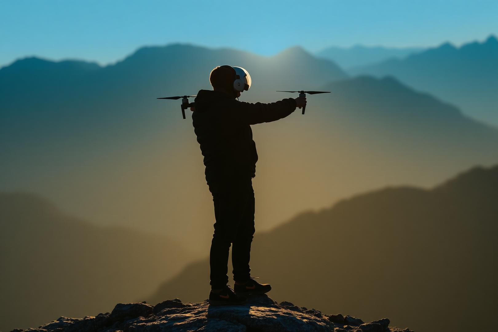 Drone pilot silhouette on alpine ridge at dawn