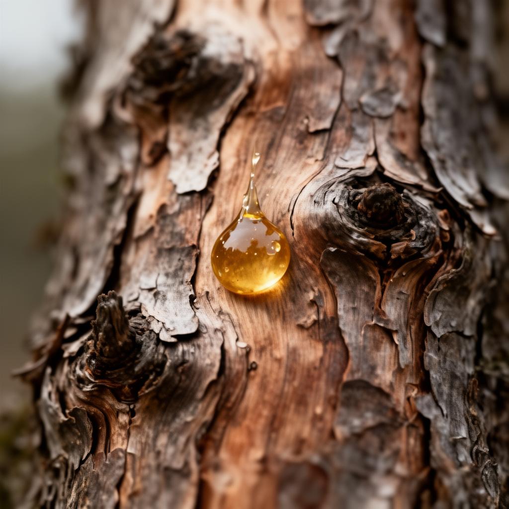 Editorial macro of weathered lodgepole pine bark with a single resin bead, soft natural light