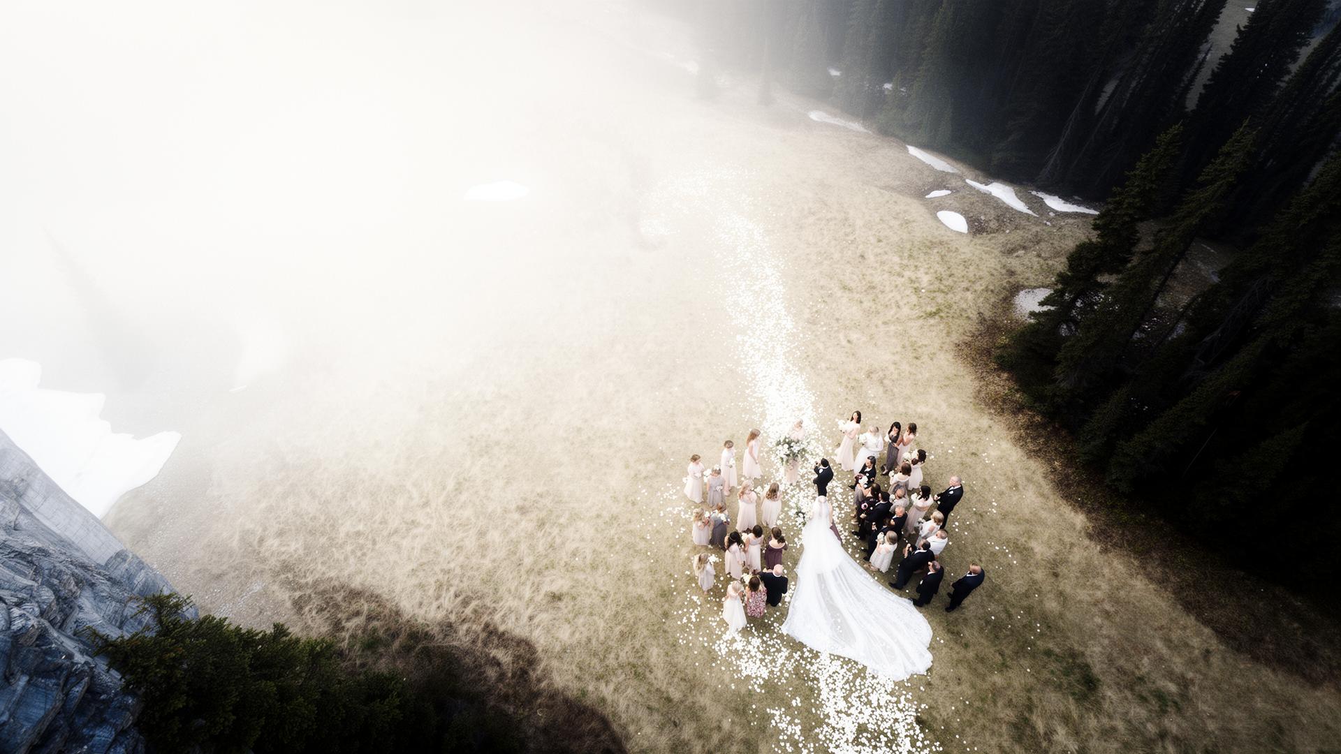 Aerial wedding ceremony in the Canadian Rocky Mountains