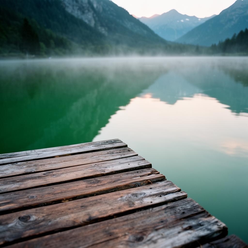 Editorial detail of weathered cedar dock planks meeting still emerald alpine lake water at dawn with light morning mist