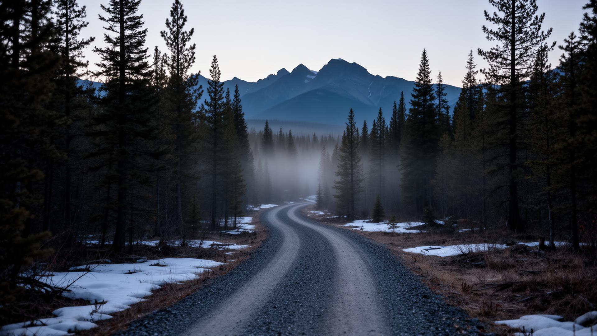 Narrow gravel access track curving into pine and larch, blue-hour light, distant Bow Valley ridge