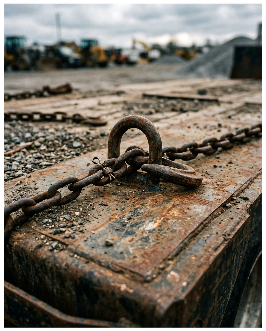 Editorial detail of a weathered steel flatbed deck with a heavy chain tie-down and rust patina under overcast morning light