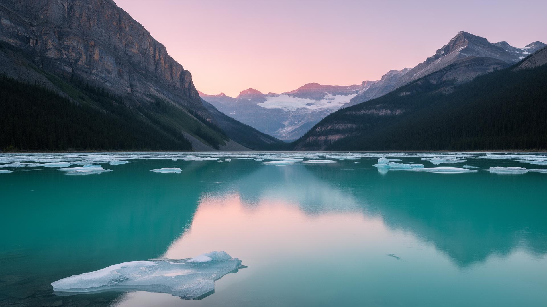 Still turquoise glacial lake at dawn in the Canadian Rockies with thin ice floes and mountain reflection