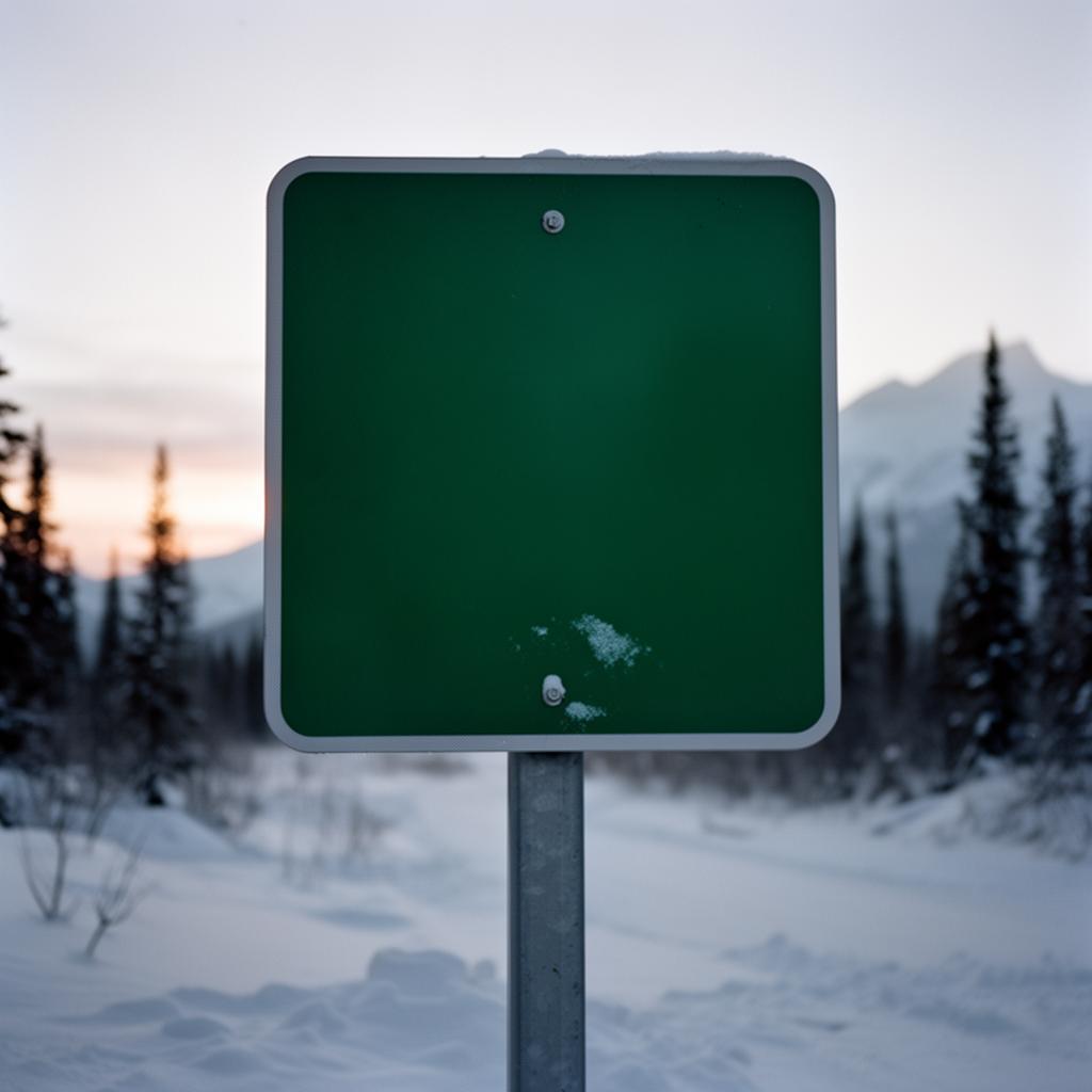 Frosted unbranded green metal road sign post on the Icefields Parkway at first light, distant pine and snowline
