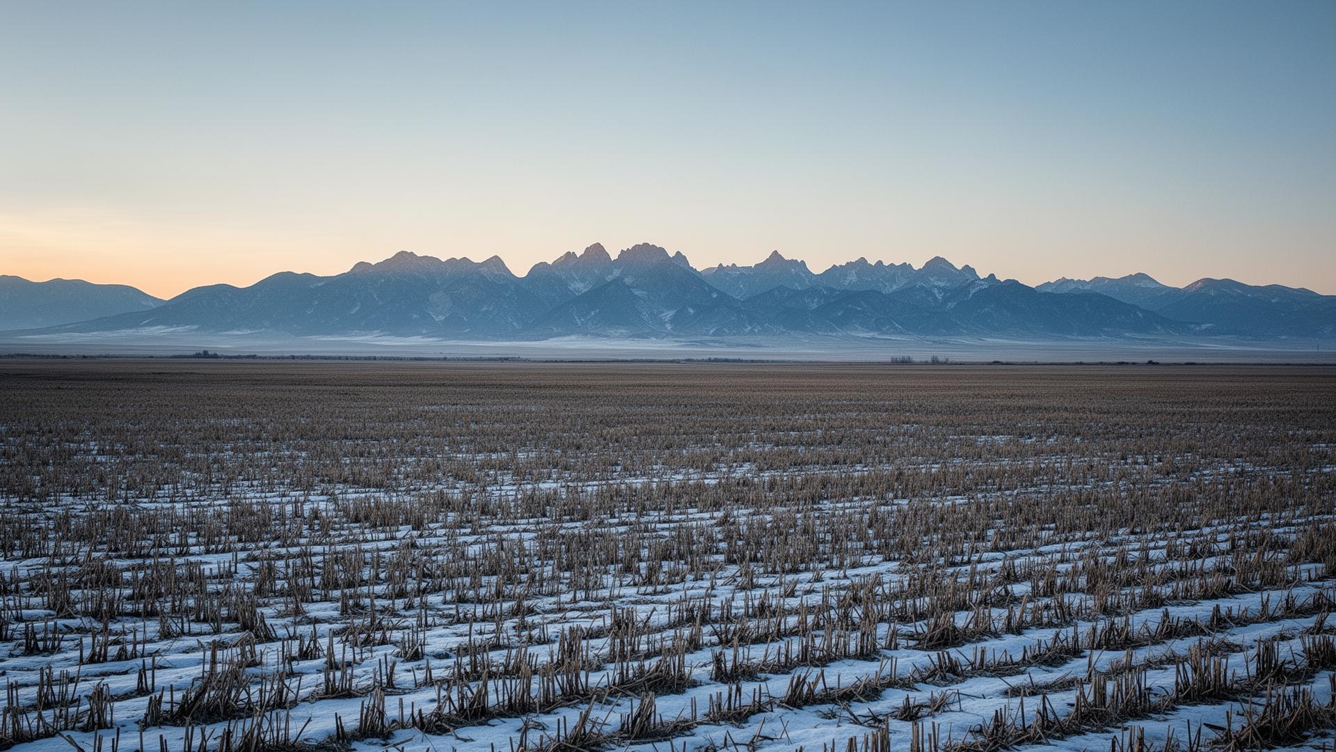 Vast empty southern Alberta prairie horizon in winter at first light with distant Rocky Mountain foothills