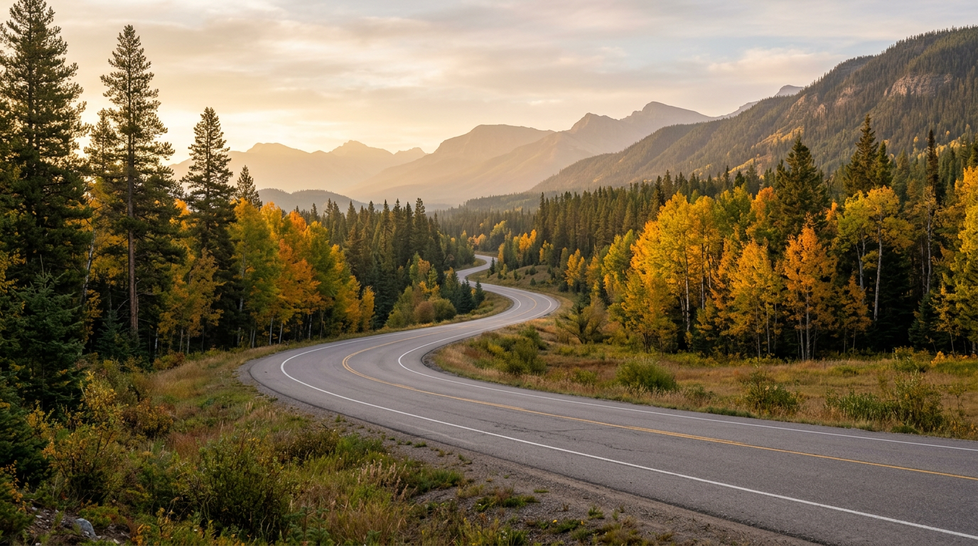 Empty foothills two-lane asphalt road curving through aspen and lodgepole pine at golden first light, no vehicles