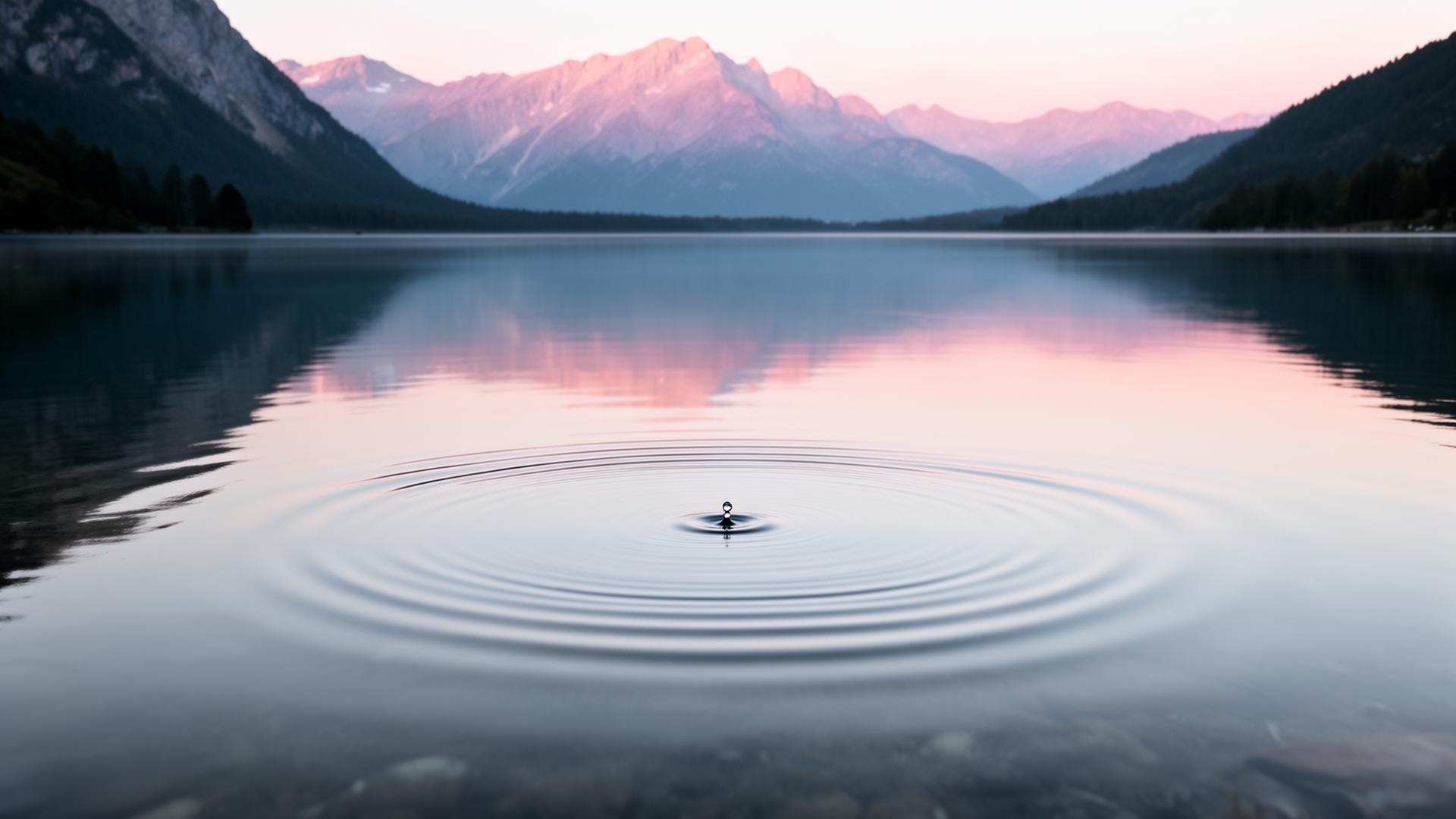 Glass-still alpine lake at first light with concentric ripples and pastel mountain reflection