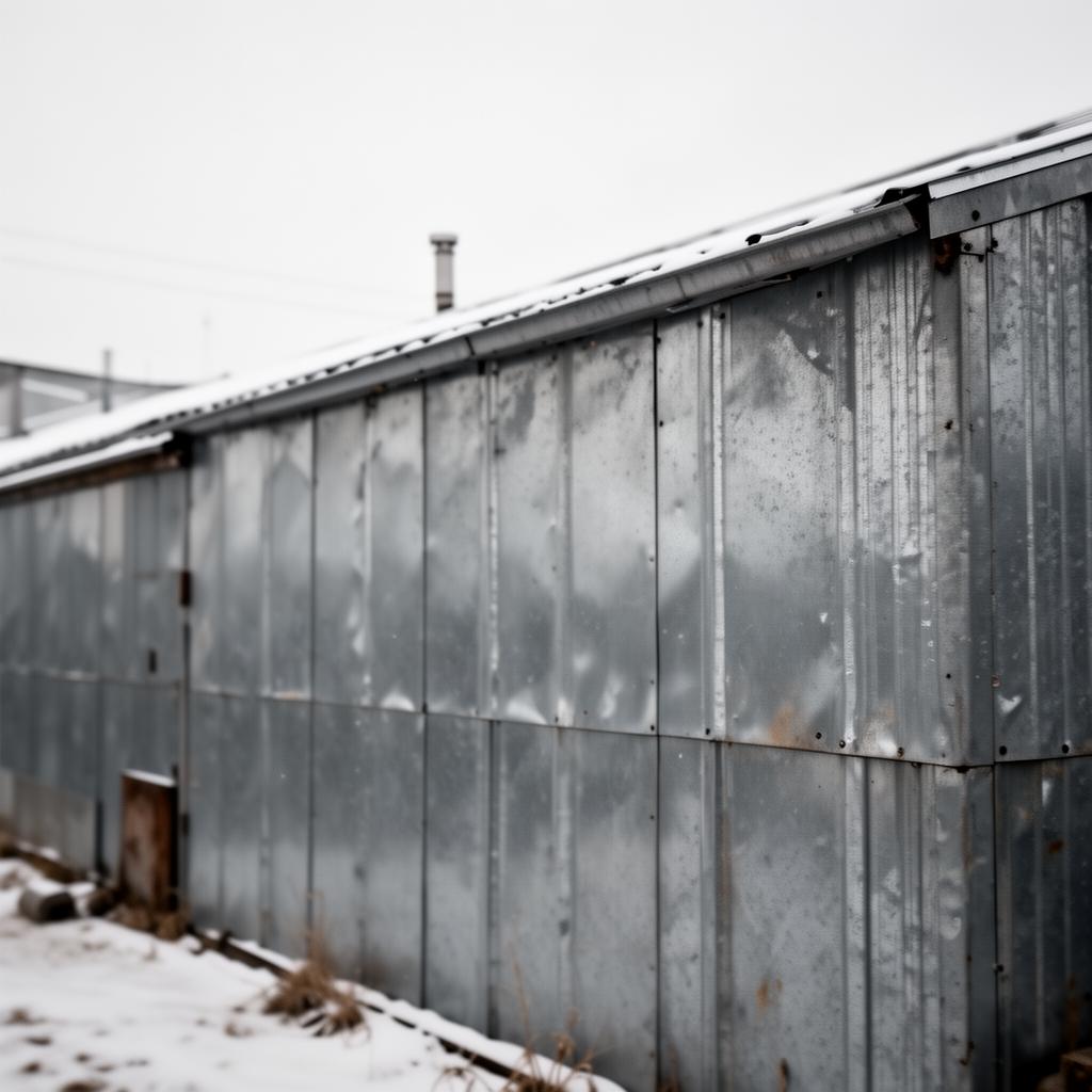 Editorial detail of weathered galvanised steel cladding on a southern Alberta industrial outbuilding under winter overcast light