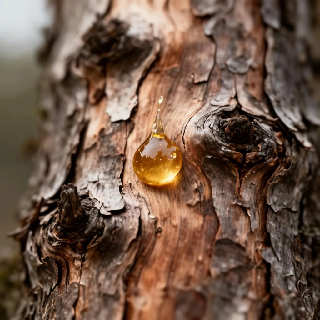 Editorial macro of weathered lodgepole pine bark with a single resin bead in soft natural light.