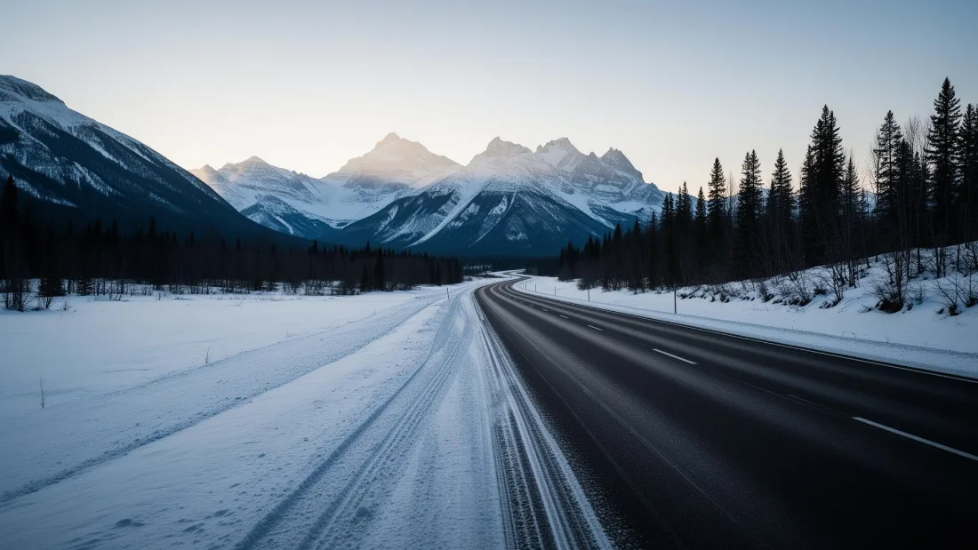 Empty Icefields Parkway shoulder before sunrise, fresh tire tracks in light snow curving toward the Canadian Rockies.