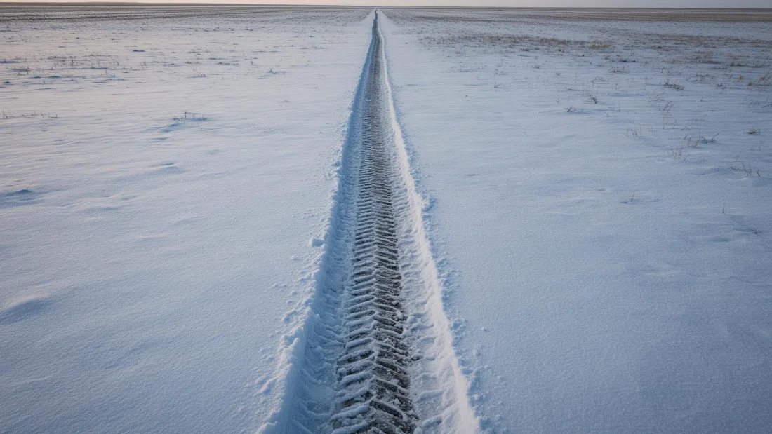 Top-down photograph of a single tire-track seam pressed into fresh snow over hard prairie ground at first light.