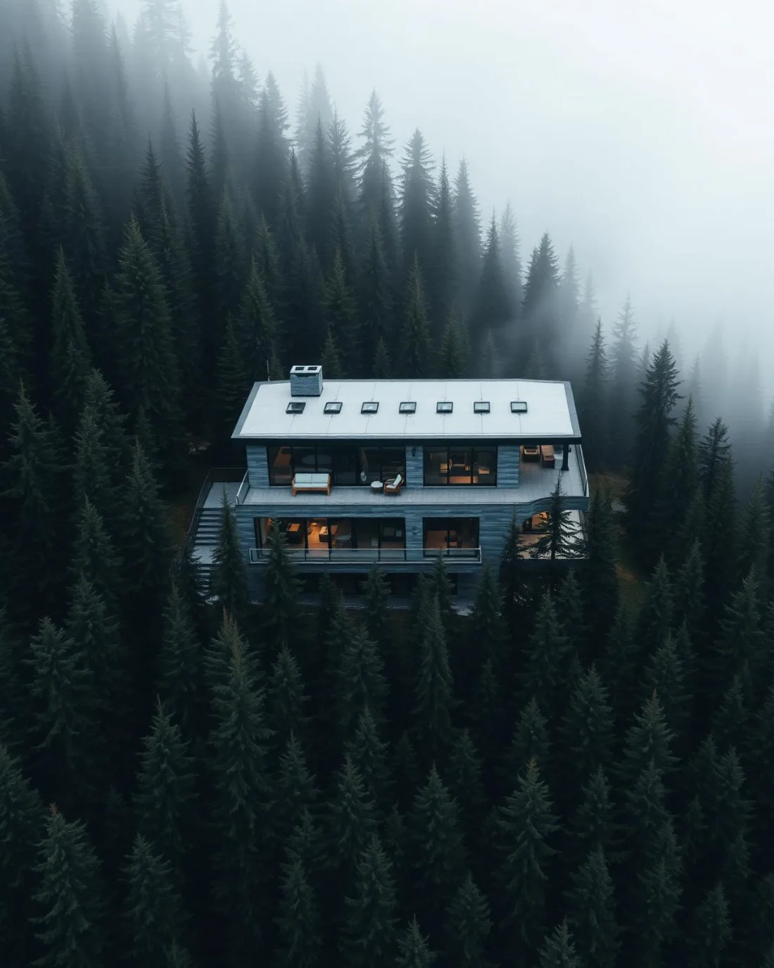 Modern multi-storey house on a forested slope in heavy fog, dark conifers crowding the structure.
