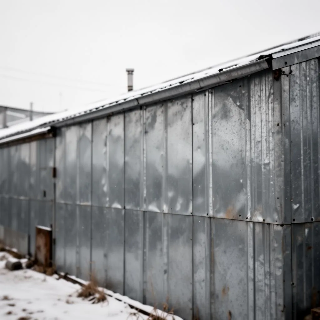 Editorial detail of weathered galvanised steel cladding on a southern Alberta industrial outbuilding under winter overcast light.